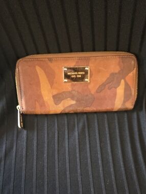 Michael Kors Brown Camouflage Zip-Around Wallet with Gold Plaque